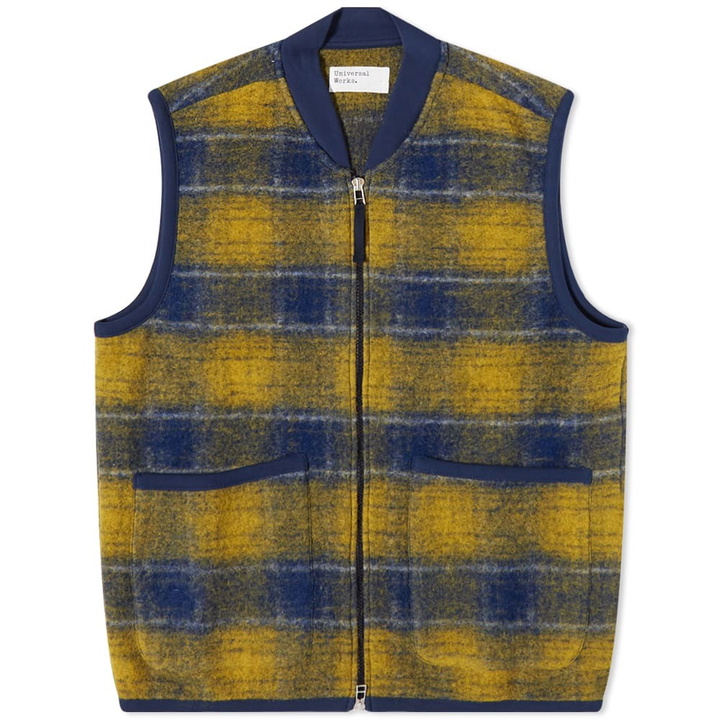 Photo: Universal Works Men's Check Wool Fleece Zip Waistcoat in Yellow/Blue