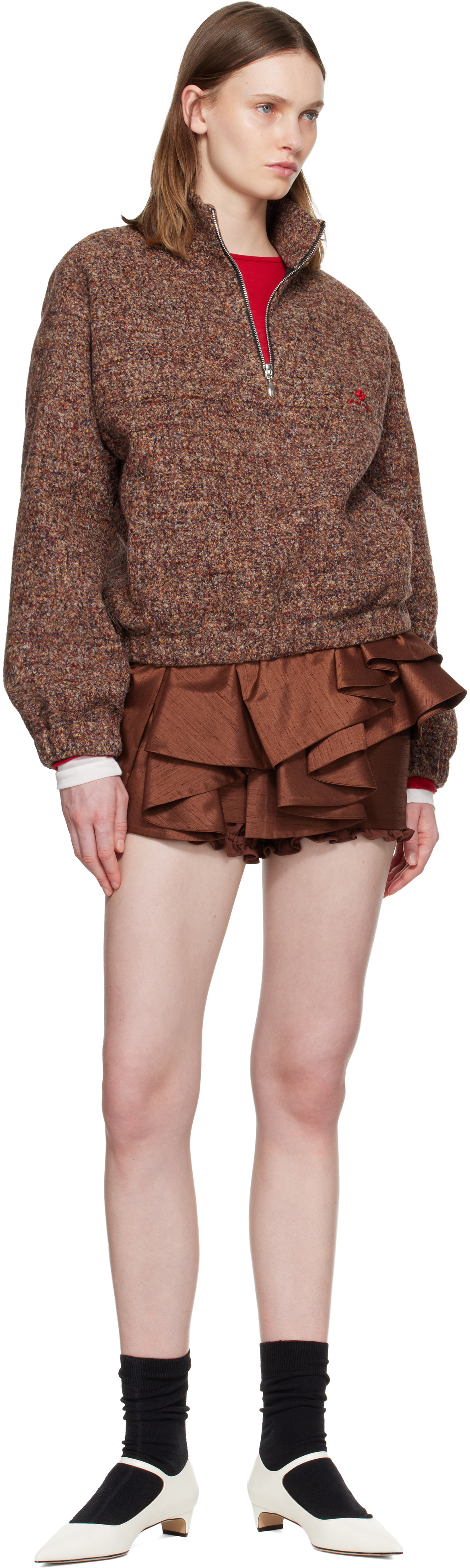 SHUSHU/TONG Brown Asymmetrical Bow & Ruffle Miniskirt