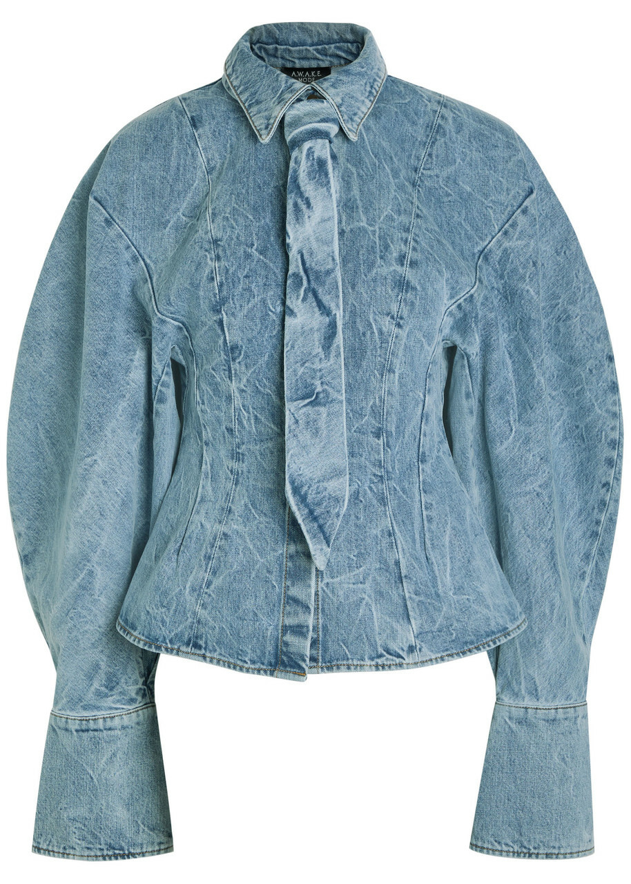 A.W.A.K.E Mode Tie-neck Washed Denim Shirt Indigo