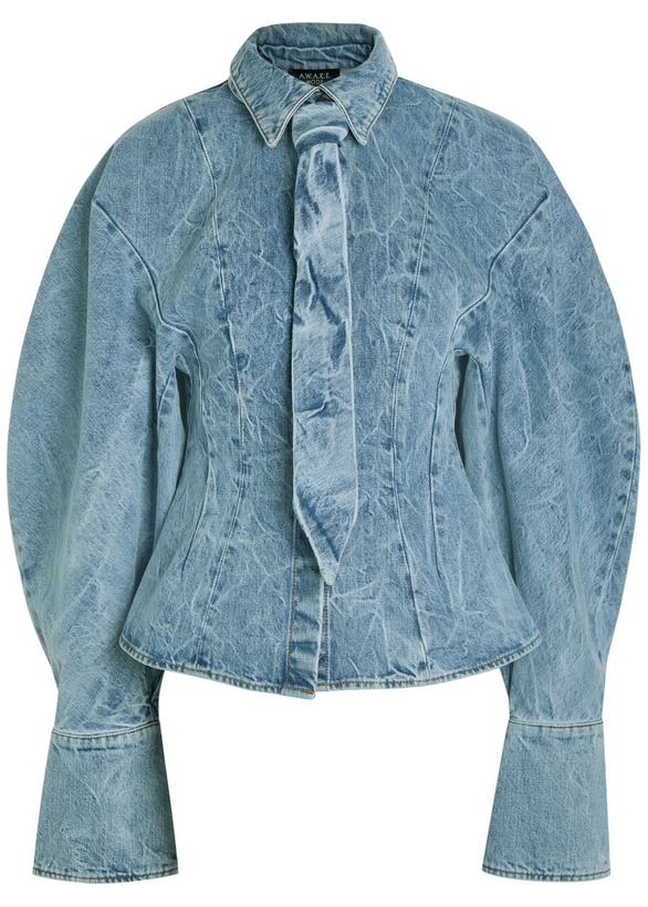 Photo: A.W.A.K.E Mode Tie-neck Washed Denim Shirt Indigo