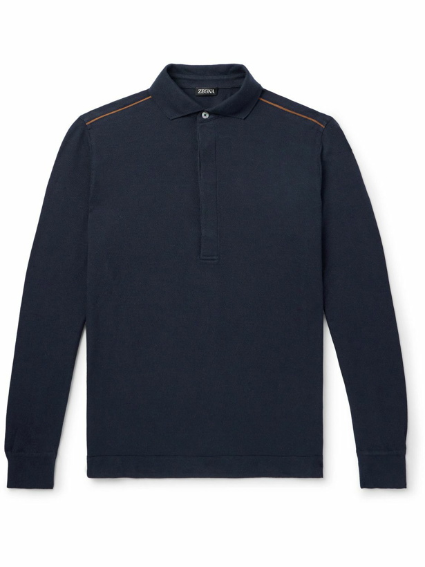 Photo: Zegna - Leather-Trimmed Cotton-Piqué Polo Shirt - Blue