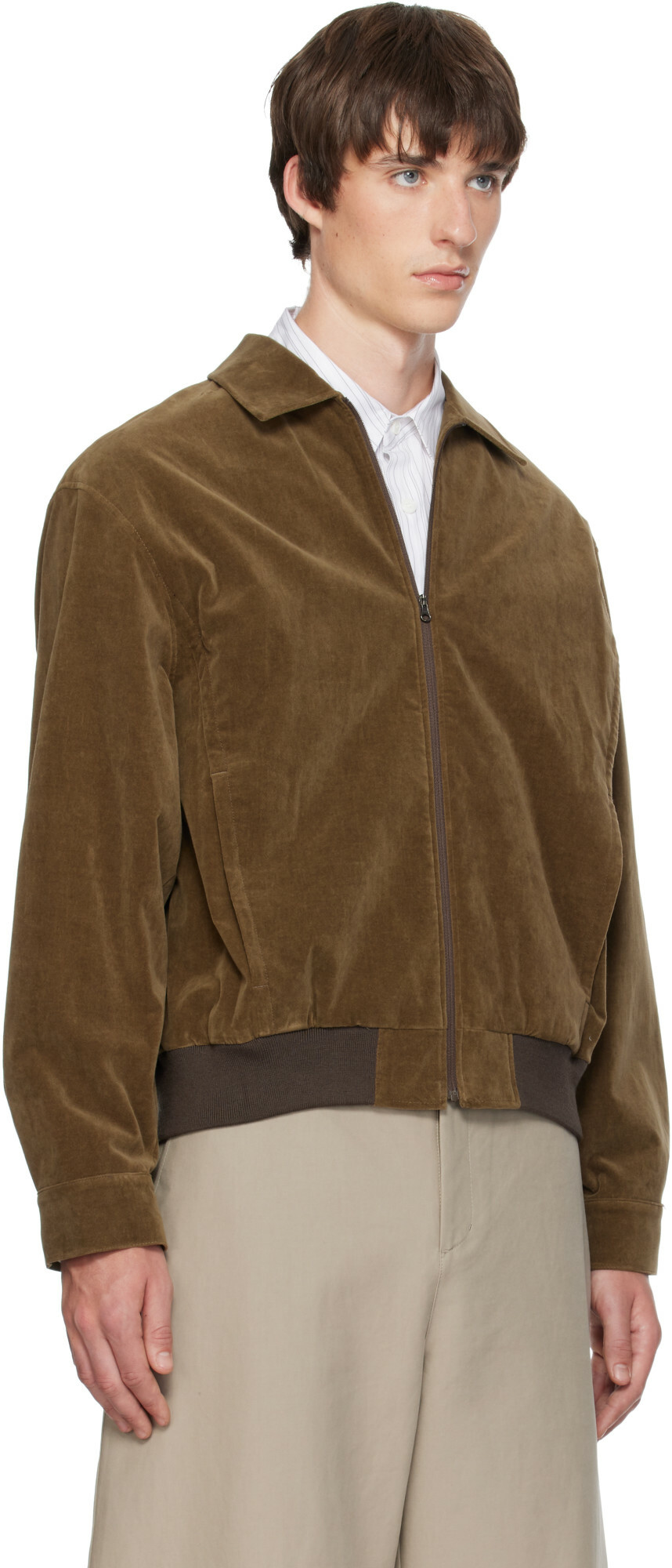 AMOMENTO Khaki Velvet Zip-Up Bomber Jacket