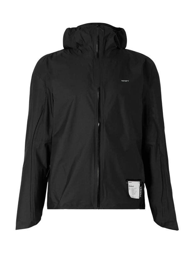 Photo: Satisfy - Rain Fly Hooded Logo-Printed PERTEX® Shield Air Jacket - Black