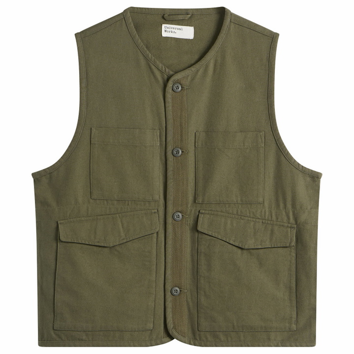 Photo: Universal Works Men's Brushed Moleskin 4 Pocket Gilet in Olive