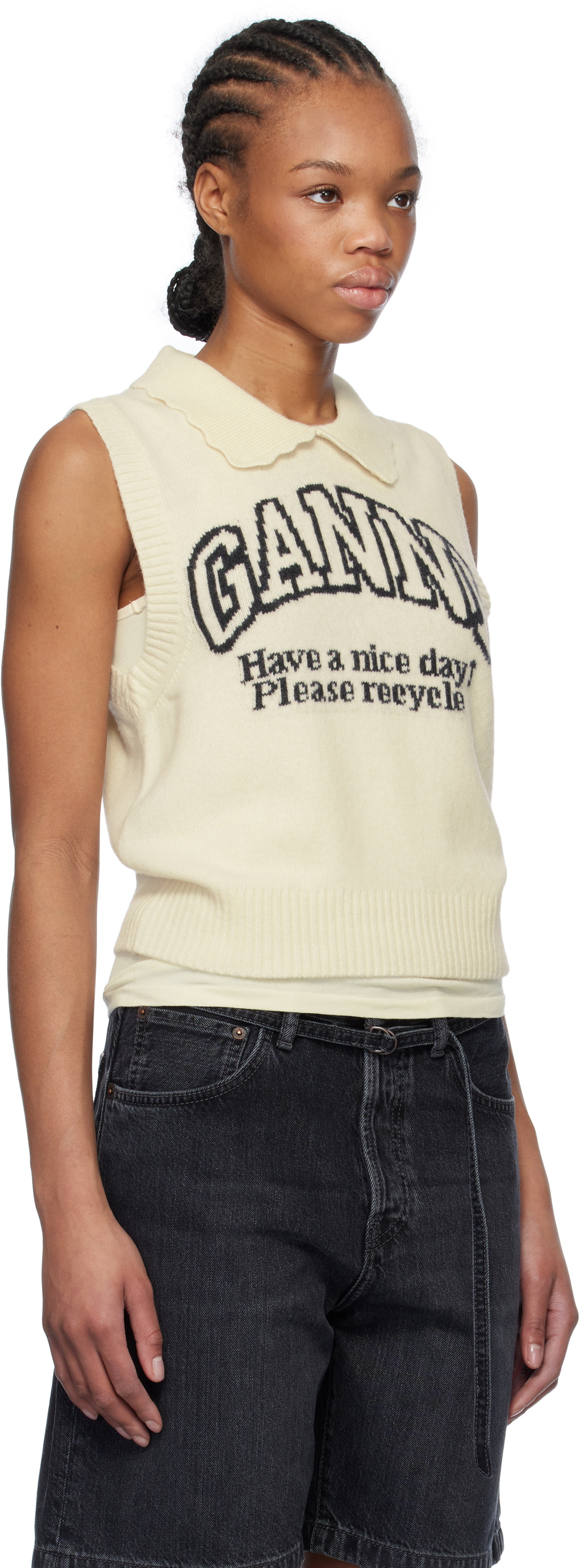 GANNI Off-White Graphic Wool Mix Collar Vest GANNI