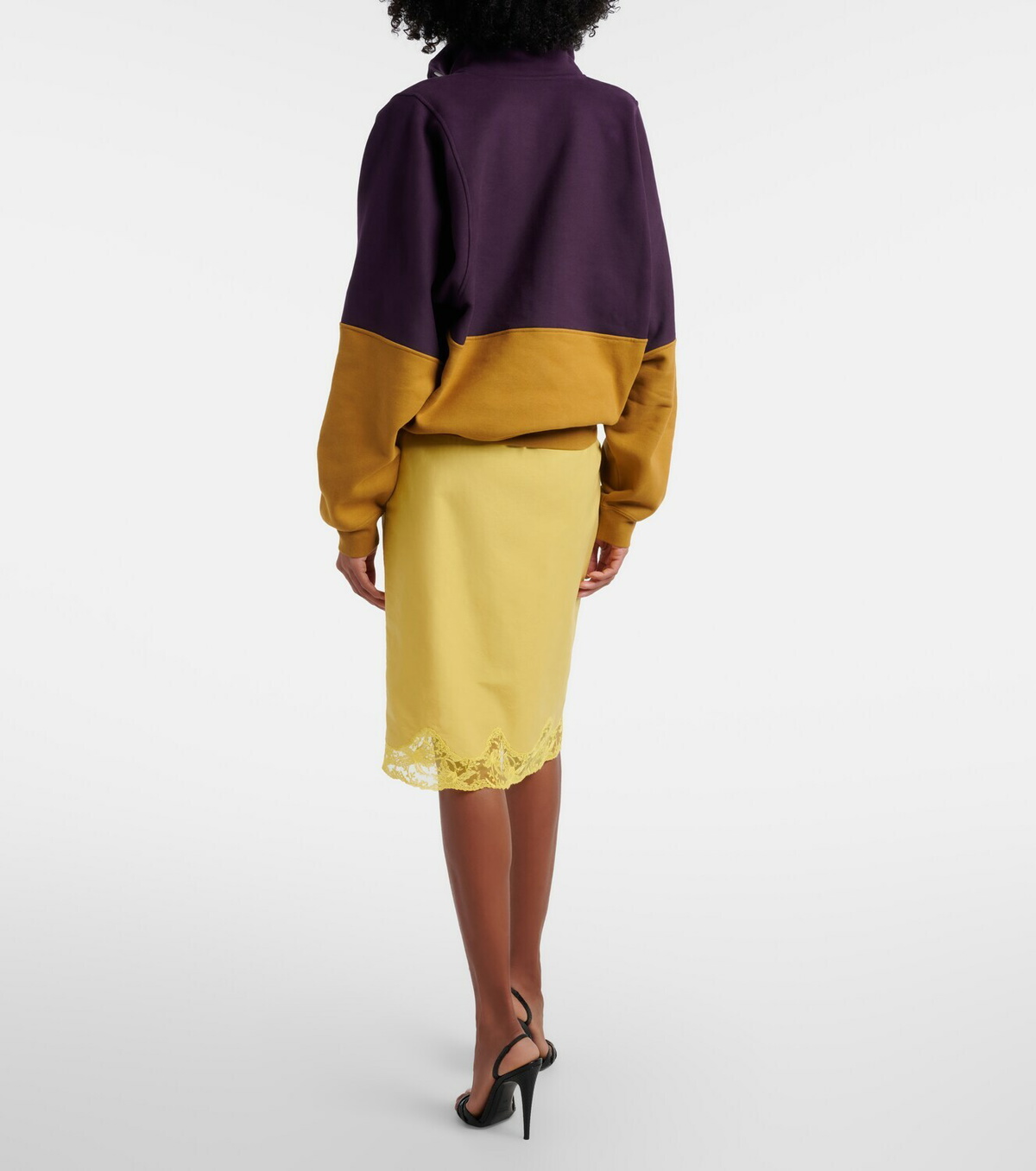 Saint Laurent Lace-trimmed cotton and silk midi skirt