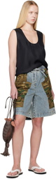 3.1 Phillip Lim Blue & Khaki Patchwork Camo Basketball Denim Cargo Shorts