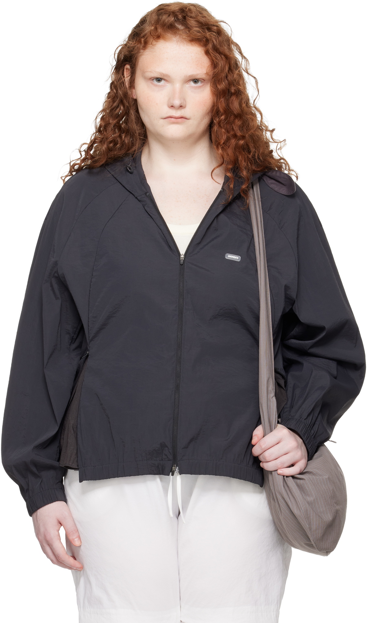 AMOMENTO Black Nylon Raglan Hooded Jacket
