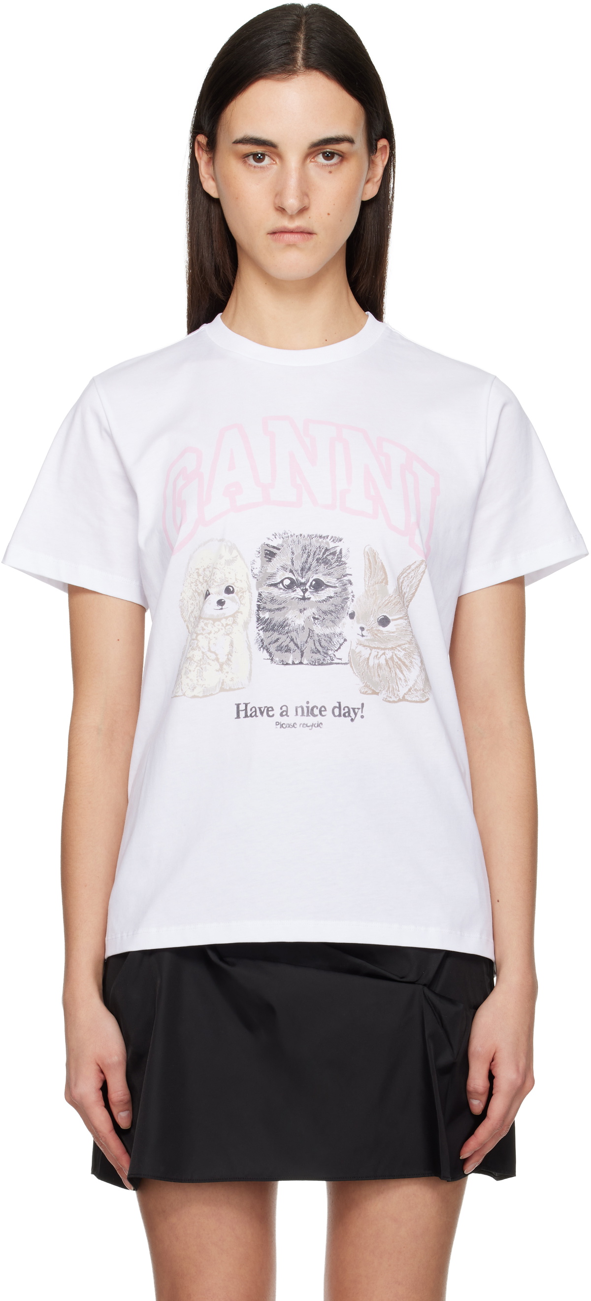 GANNI White Printed Long Sleeve T-Shirt GANNI