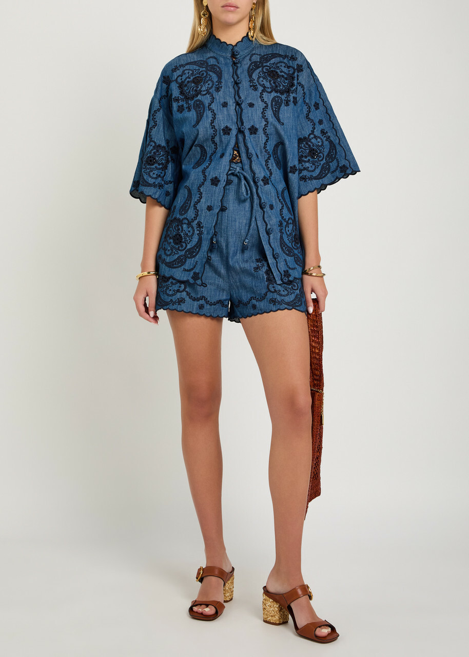 Zimmermann Aster Embroidered Belted Denim Shorts Blue
