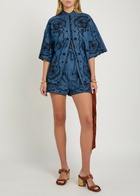 Zimmermann Aster Embroidered Belted Denim Shorts Blue