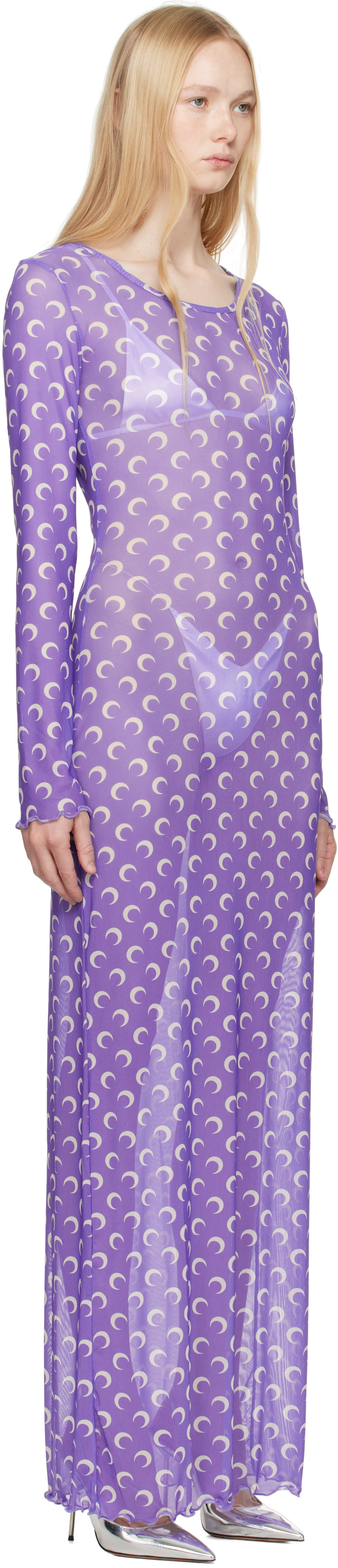 Marine Serre Purple Moon Printed Mesh Panelled Maxi Dress