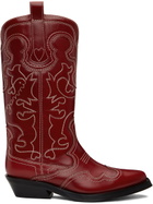 GANNI Red Mid Shaft Embroidered Western Boots