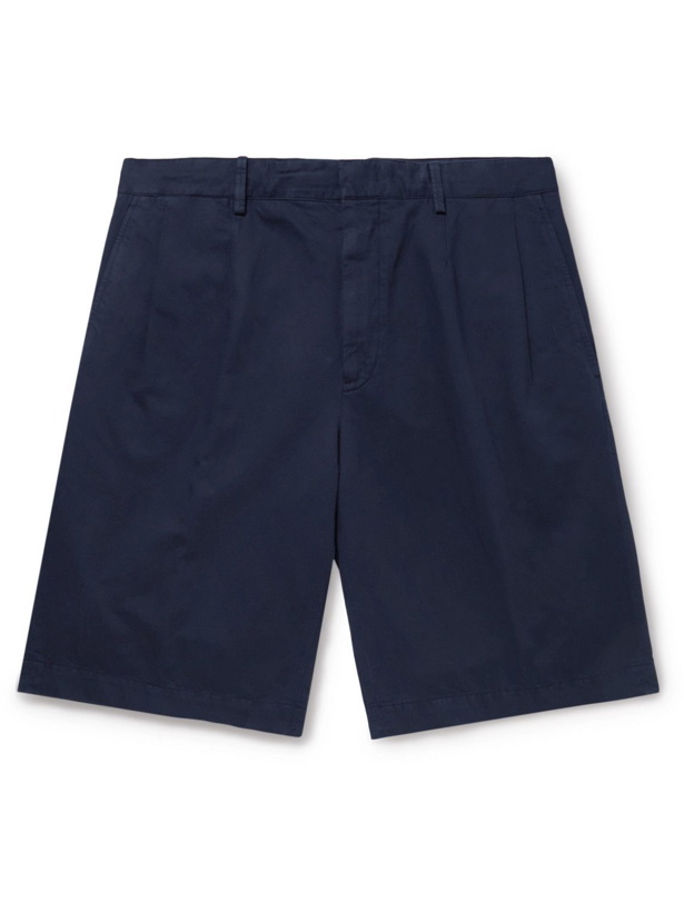 Photo: Zegna - Straight-Leg Pleated Cotton and Linen-Blend Twill Shorts - Blue