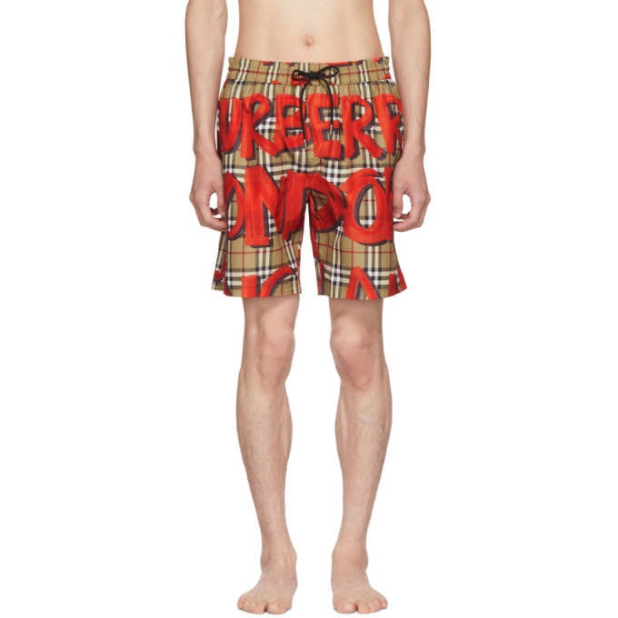Photo: Burberry Beige and Red Graphic Check Swim Shorts