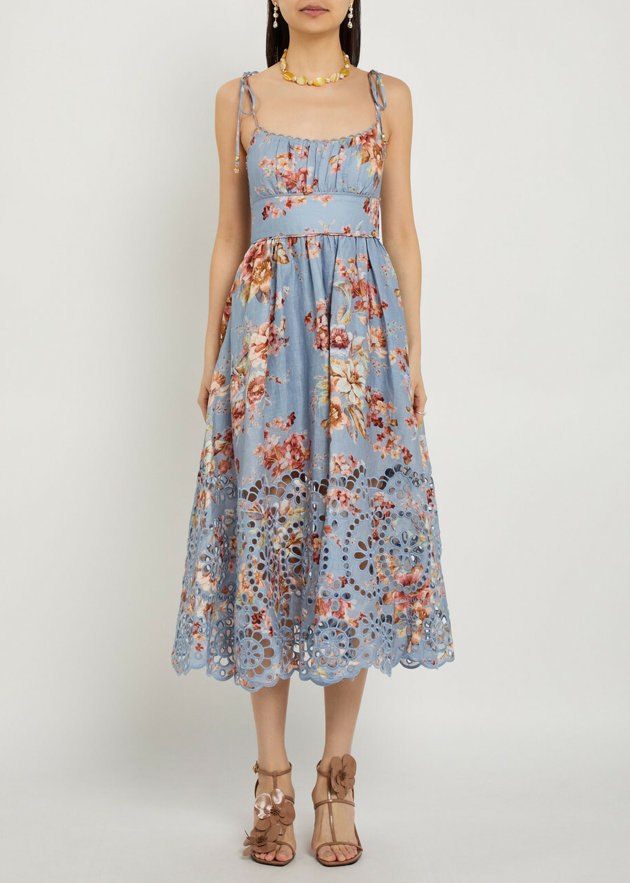Zimmermann Awaken Picnic Floral-print Linen Midi Dress Multicoloured 1