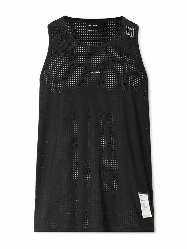 Photo: Satisfy - Embellished Logo-Appliquéd Space-O™ Mesh Tank Top - Black