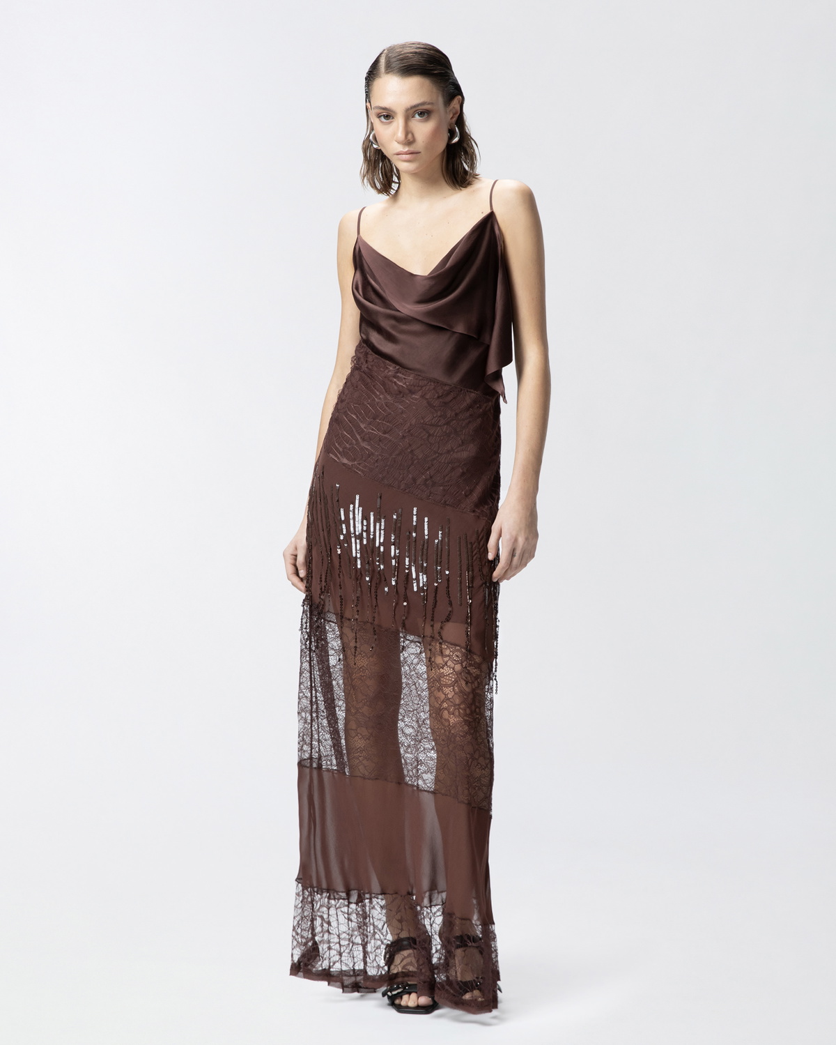 Pinko Satin Lace And Rhinestone Fringe Slip Dress Soil Brown