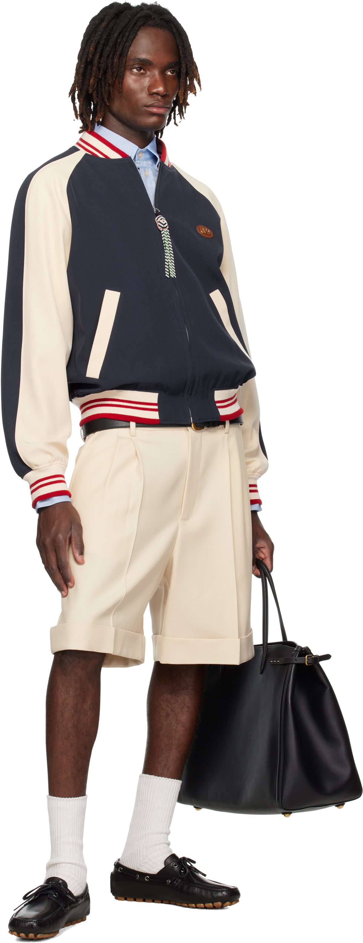 Valentino Navy & Beige 'Le Chat De La Maison' Patch Bomber Jacket