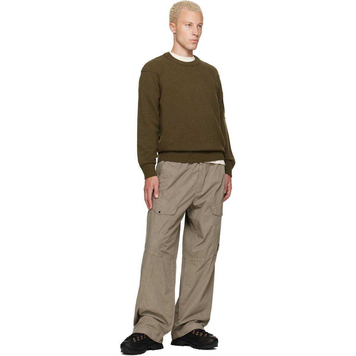 C.P. Company Khaki Lambswool Lens Crewneck Contrast Sweater