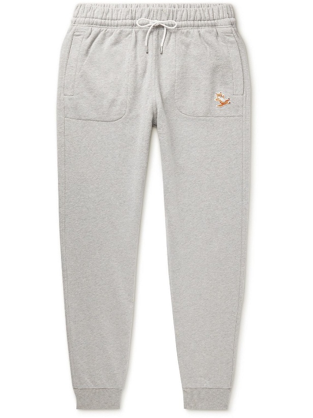 Photo: Maison Kitsuné - Chillax Fox Tapered Logo-Appliquéd Cotton-Jersey Sweatpants - Gray
