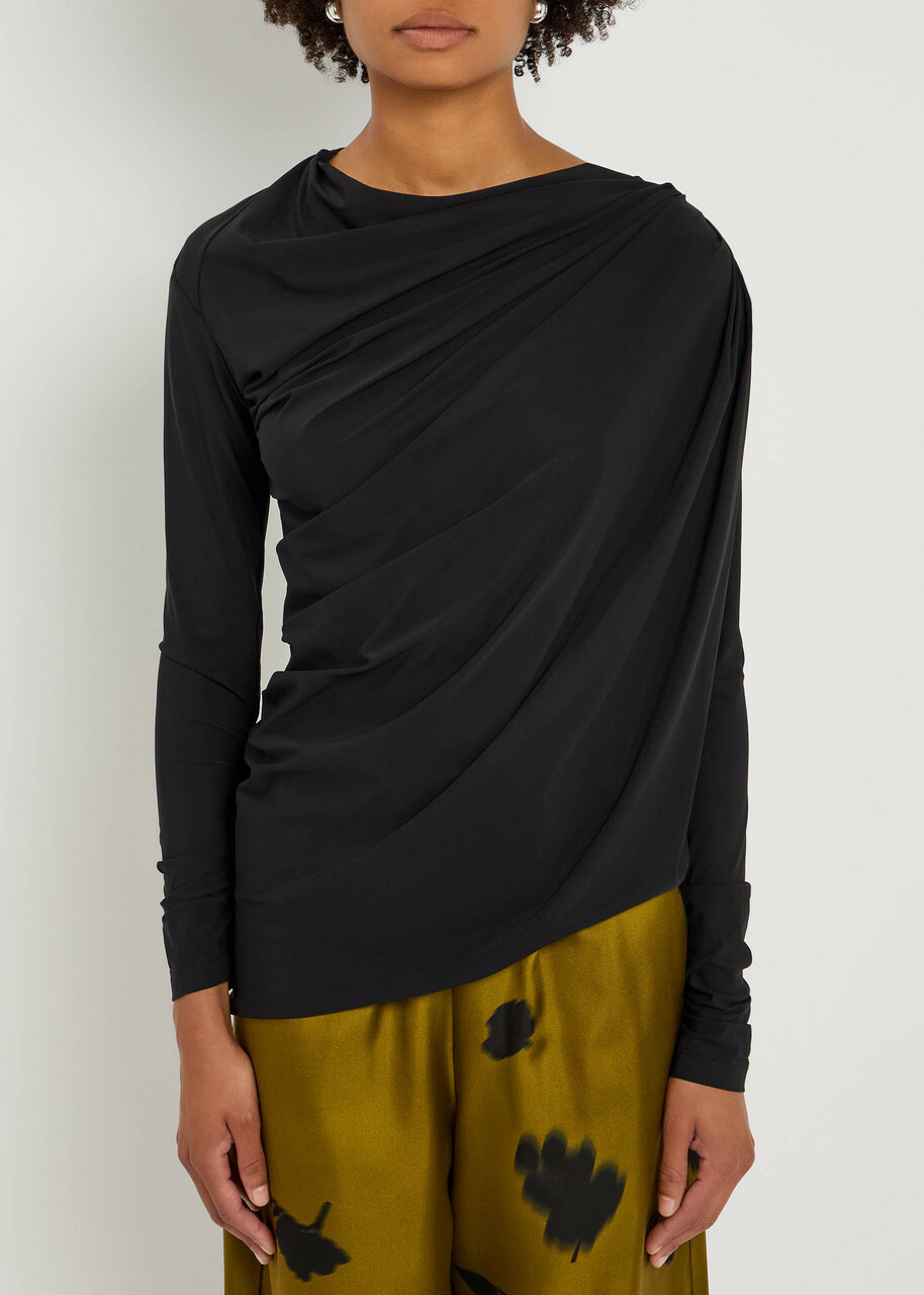 High Aslant Draped Stretch-jersey top Black