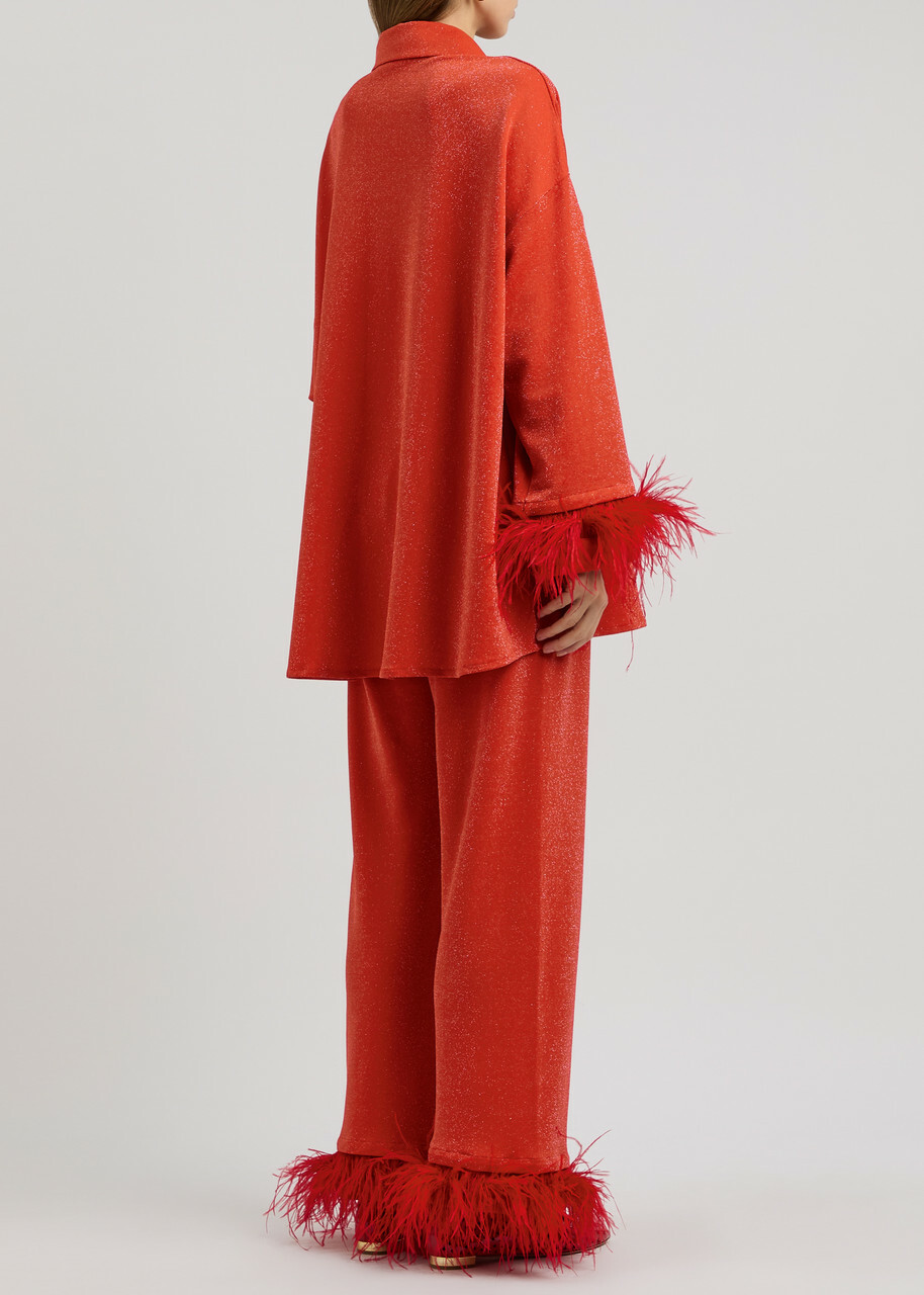Sleeper Cosmos Feather-trimmed Metallic Jersey Pyjama set Red