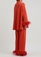 Sleeper Cosmos Feather-trimmed Metallic Jersey Pyjama set Red
