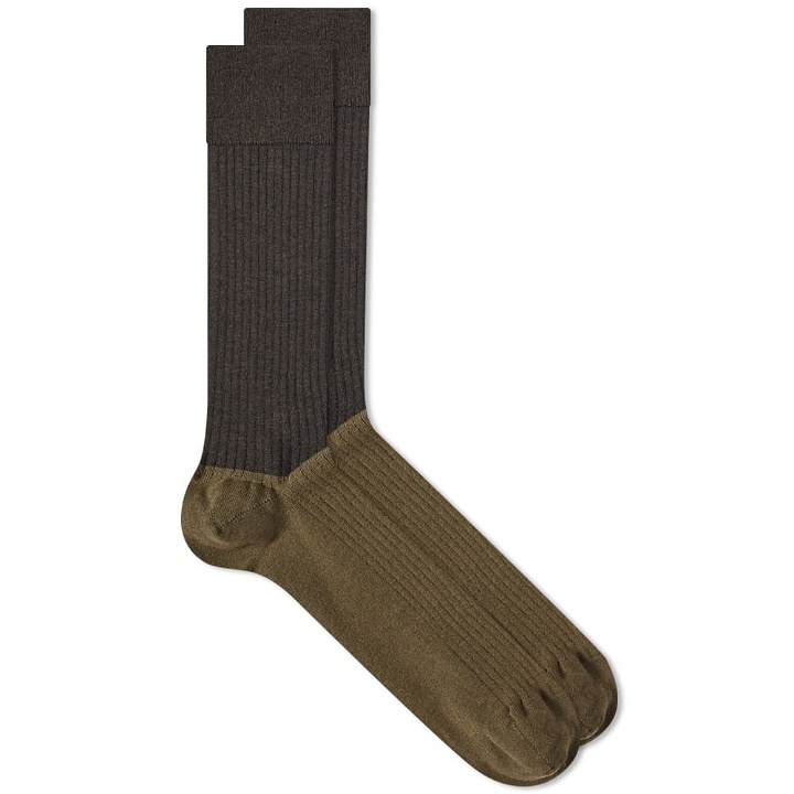 Photo: MHL by Margaret Howell Men's MHL. by Margaret Howell Colour Block Sock in Mouse/Olive