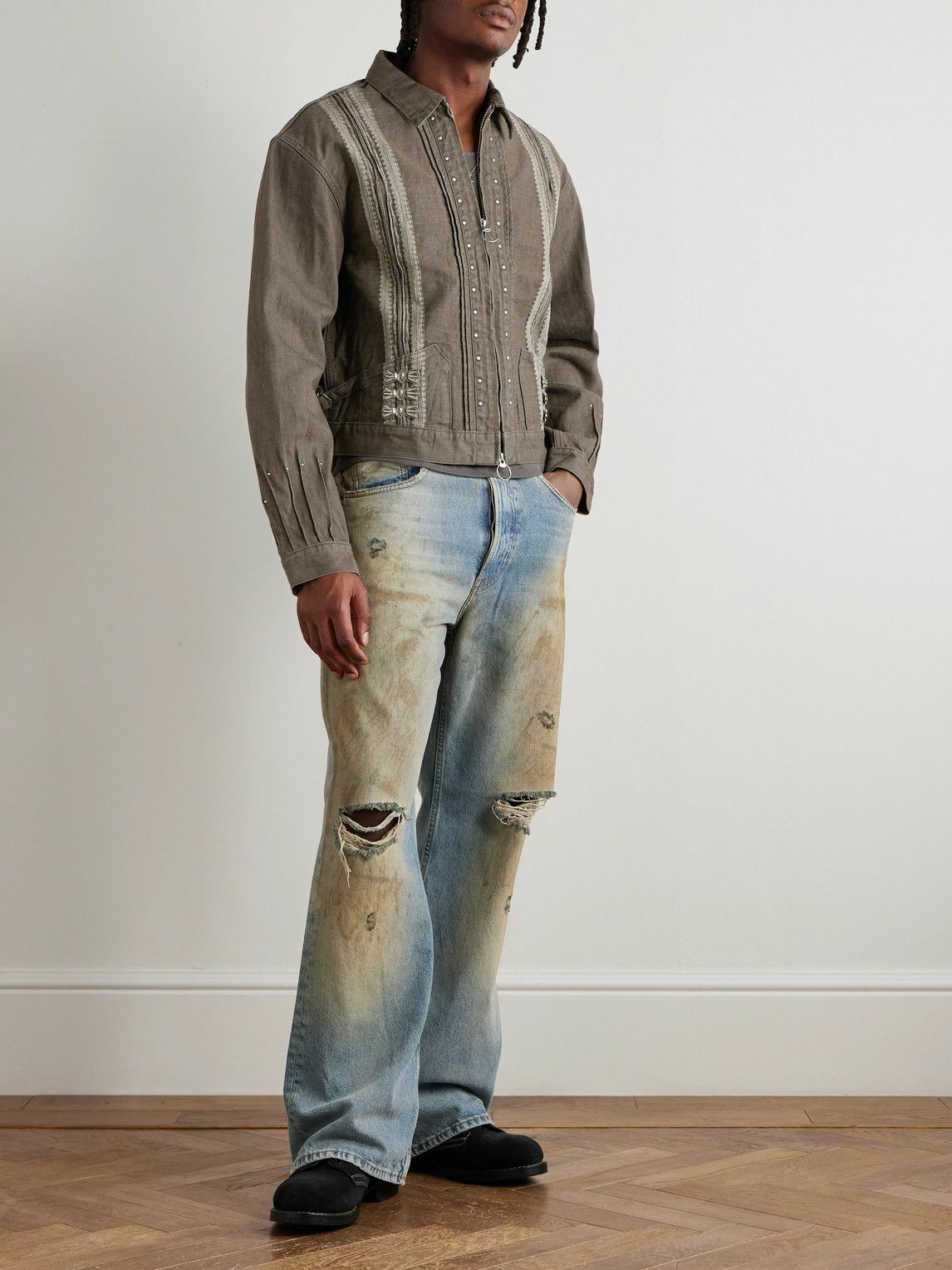 KAPITAL - Cropped Denim-Jacquard Bomber Jacket - Green