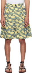 Marni Green & Yellow Linen Blend Blurry Floral Print Shorts