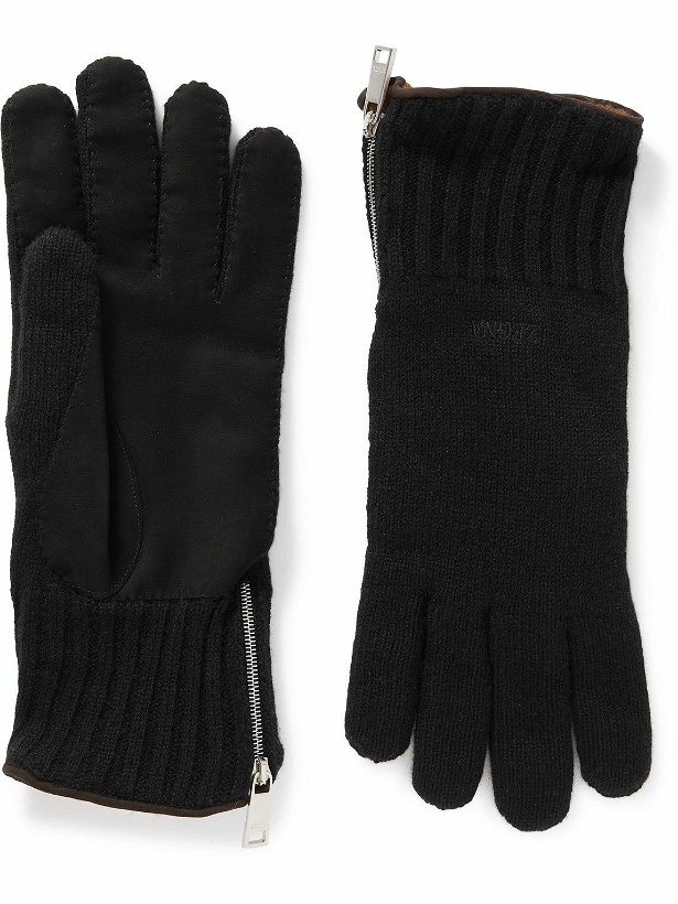 Photo: Zegna - Logo-Embroidered Leather-Trimmed Cashmere Gloves - Black
