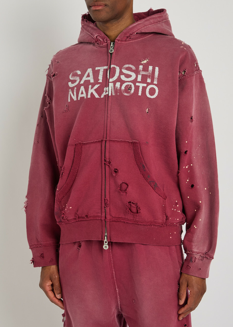 Satoshi Nakamoto Luke Printed Hooded Distressed Cotton Sweatshirt Burgundy