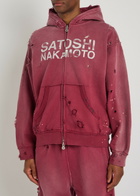Satoshi Nakamoto Luke Printed Hooded Distressed Cotton Sweatshirt Burgundy