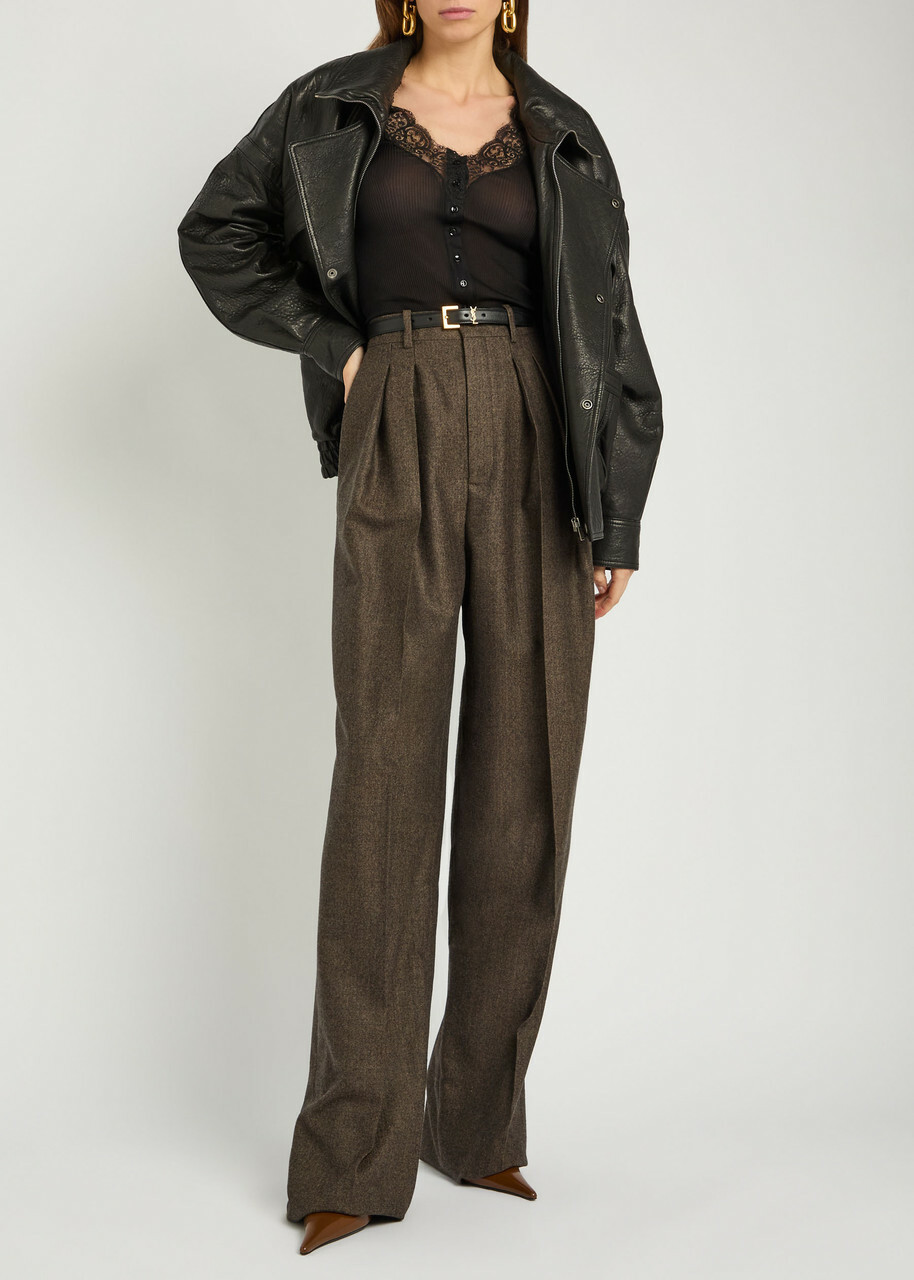 Saint Laurent Subtle-chevron Straight-leg Wool Trousers Brown