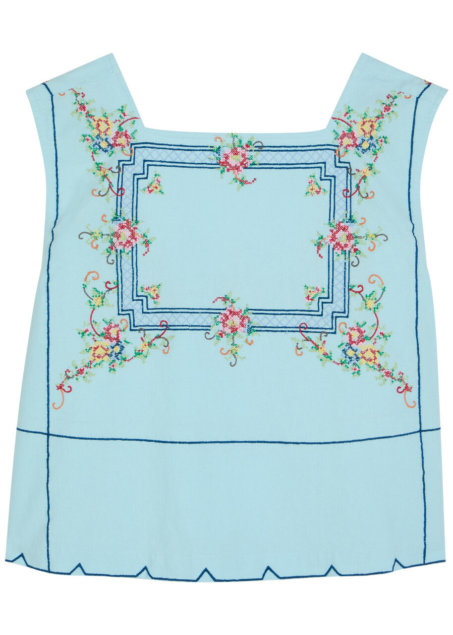Free People Garden Wall Embroidered Cotton top Light Blue