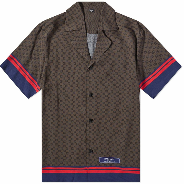 Photo: Balmain Men's Mini Monogram Vacation Shirt in Brown/Navy/Red