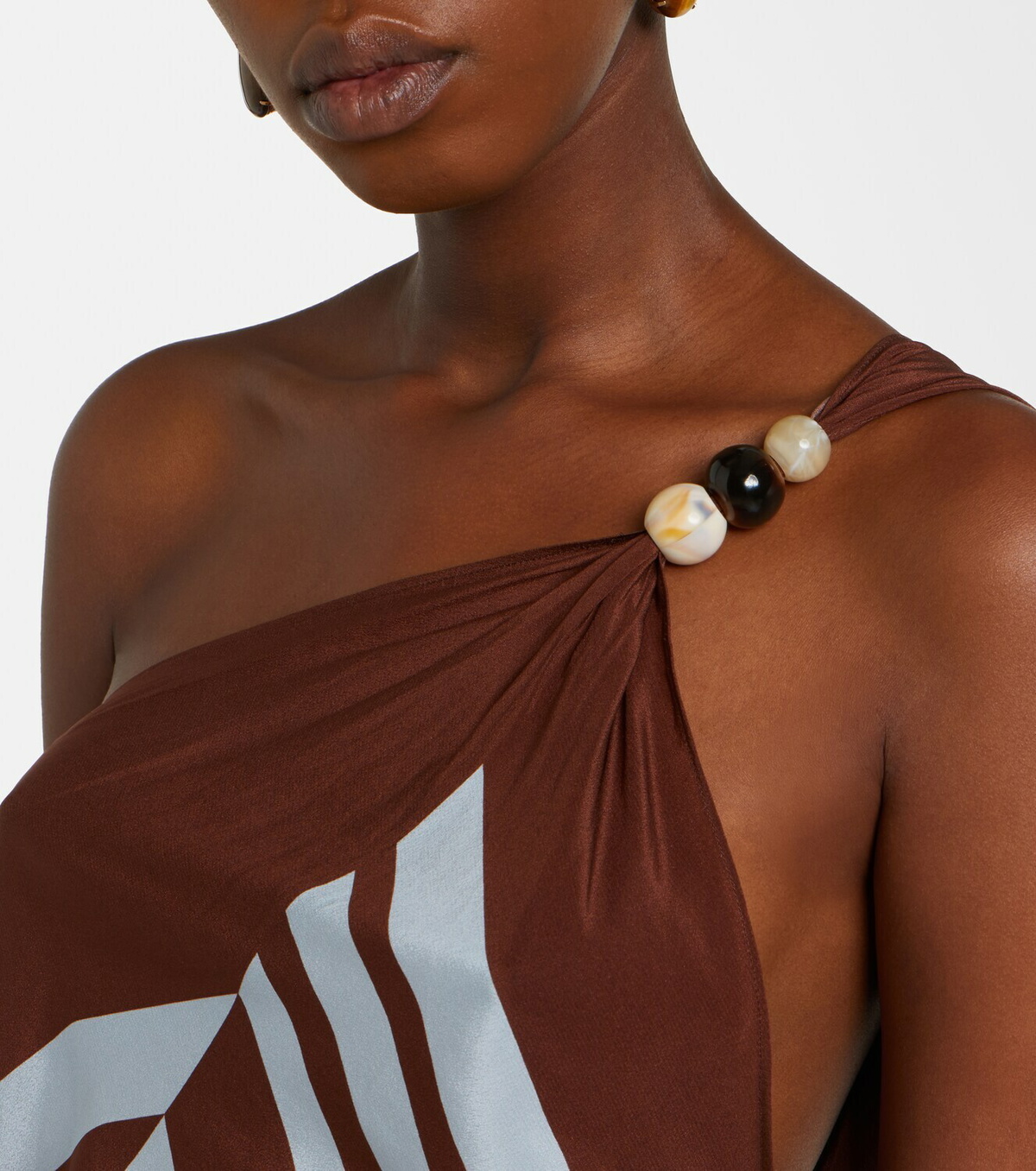 SIR Beaded one-shoulder printed silk top