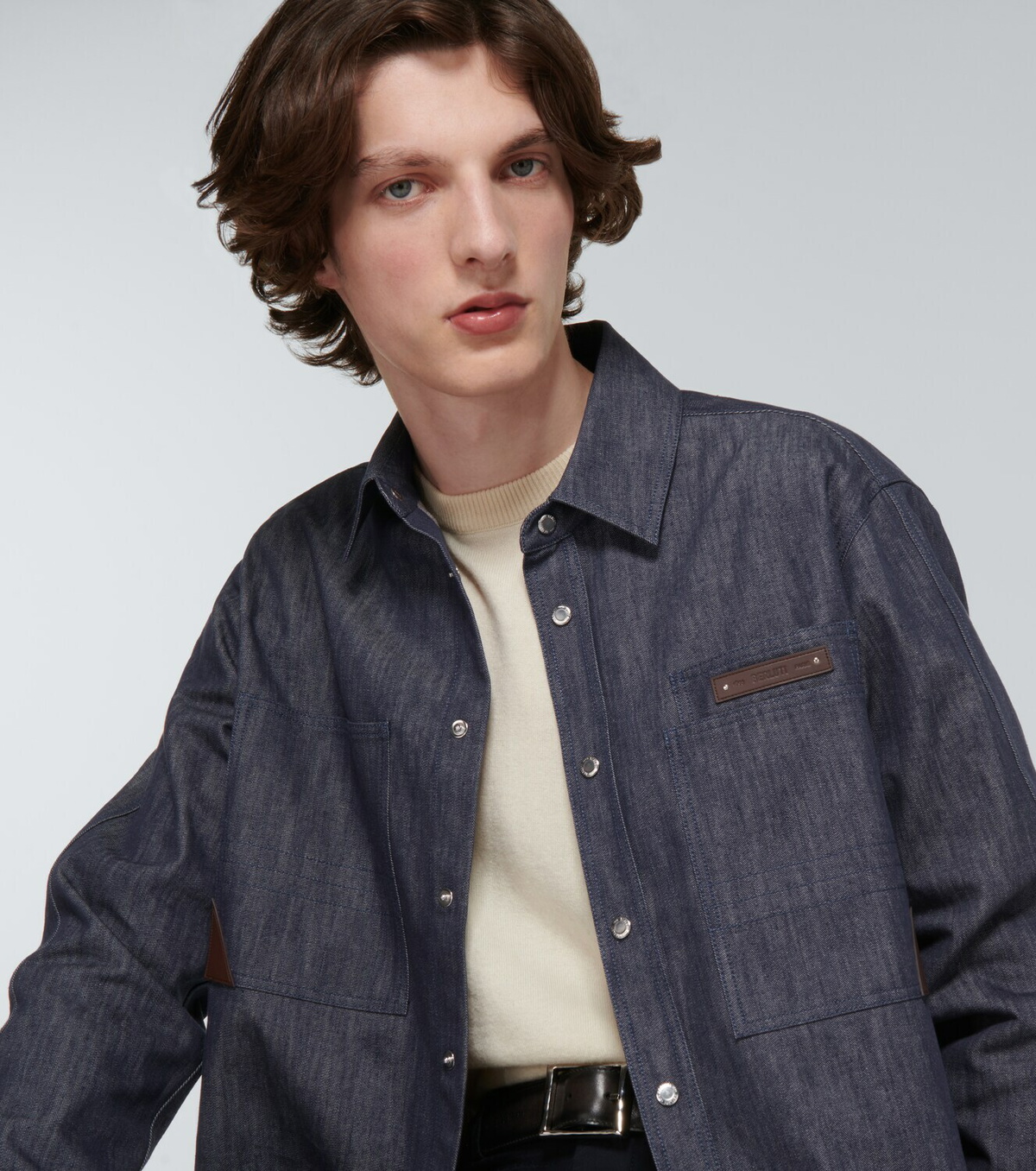 Berluti Leather-trimmed denim shirt
