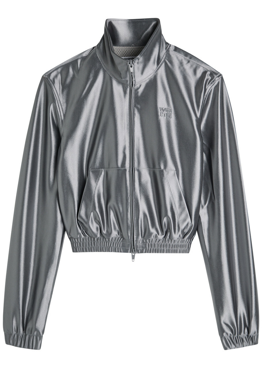 Alexanderwang.t Shrunken Logo-embossed Satin Track Jacket Silver
