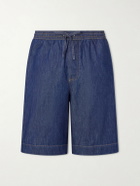 LOEWE - Wide-Leg Anagram-Detailed Cotton-Chambray Drawstring Shorts - Blue