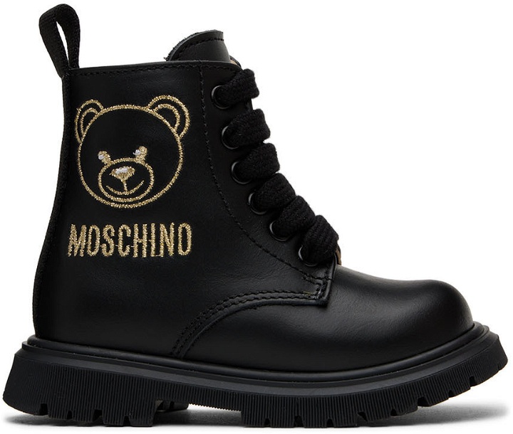 Photo: Moschino Baby Black Teddy Embroidery Combat Boots