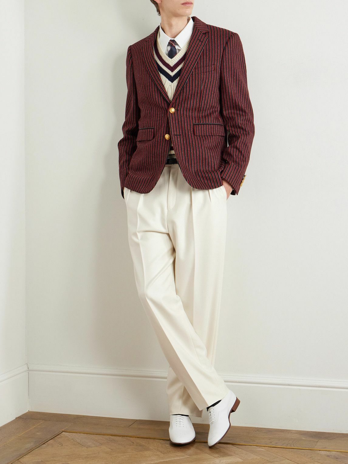 CELINE - Embroidered Striped Wool and Lycra-Blend Blazer - Red