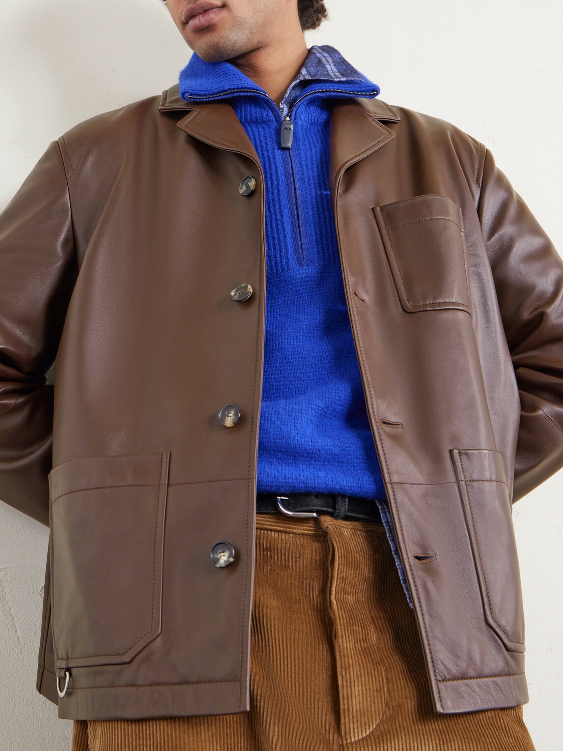 LOEWE - Camp-Collar Logo-Debossed Leather Jacket - Brown