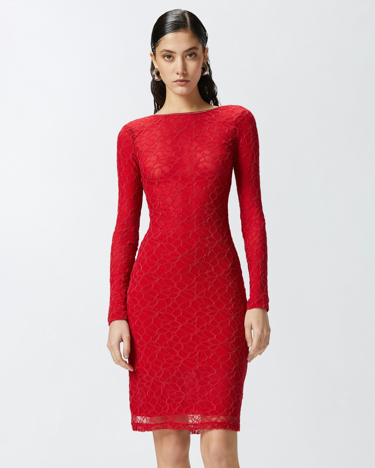 Pinko Fitted Lace Dress With Open Back Salsa Red Pinko