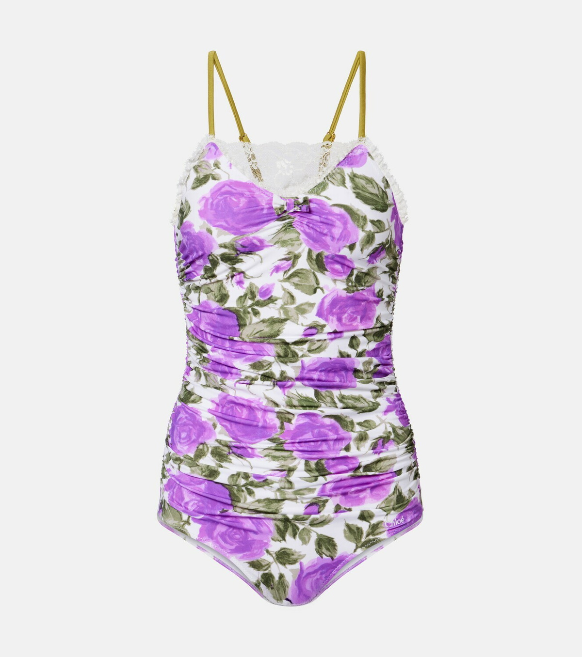 Chloé Floral ruched lace-trimmed swimsuit