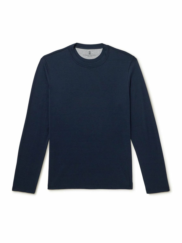 Photo: Brunello Cucinelli - Layered Silk and Cotton-Blend Jersey T-Shirt - Blue