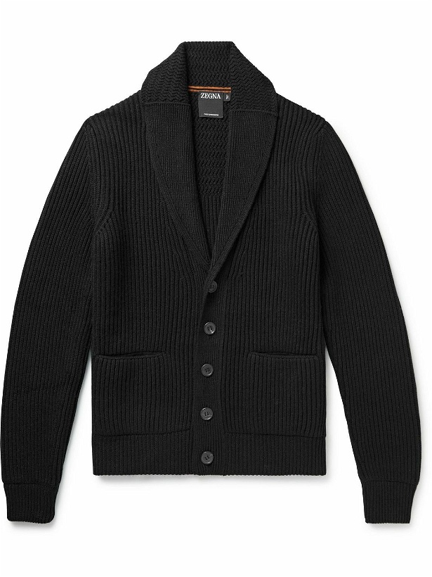 Photo: Zegna - Shawlf-Collar Leather-Trimmed Ribbed Cashmere Cardigan - Black