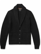 Zegna - Shawlf-Collar Leather-Trimmed Ribbed Cashmere Cardigan - Black