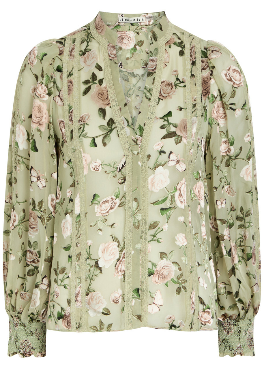 Alice + Olivia Arlette Floral-devoré Chiffon Blouse Light Green